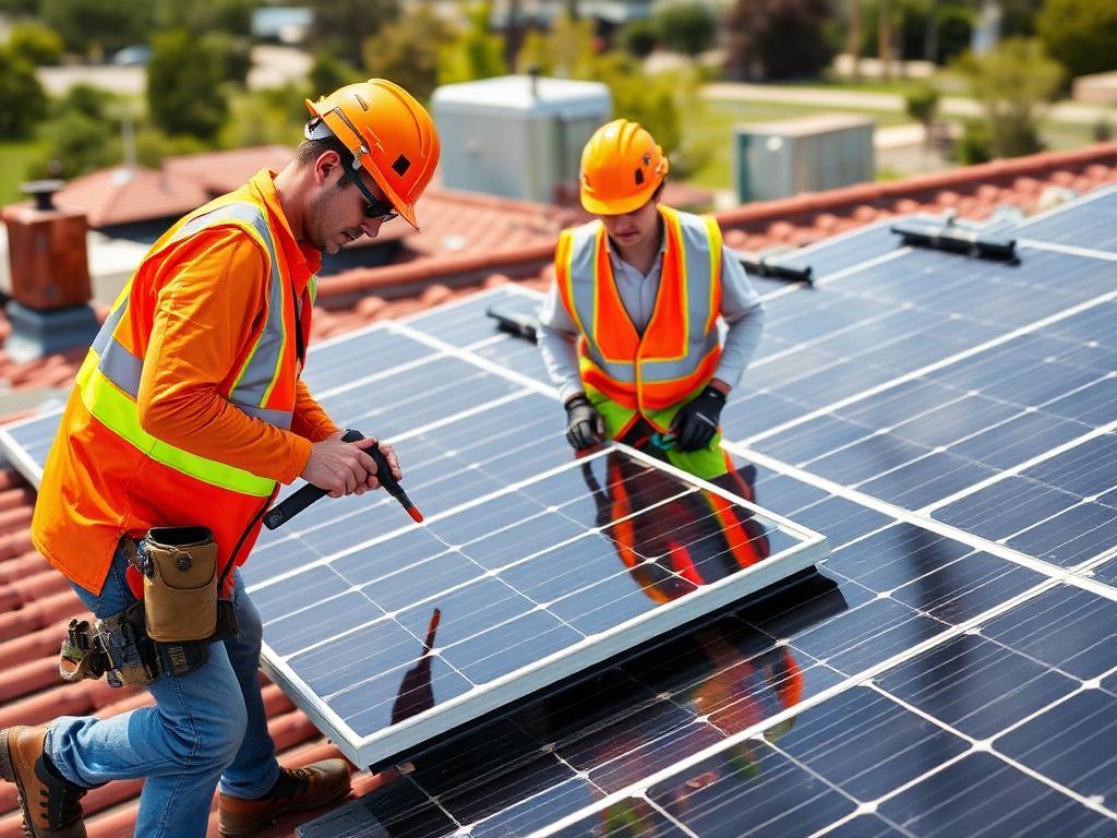 Technicians installing rooftop solar panels