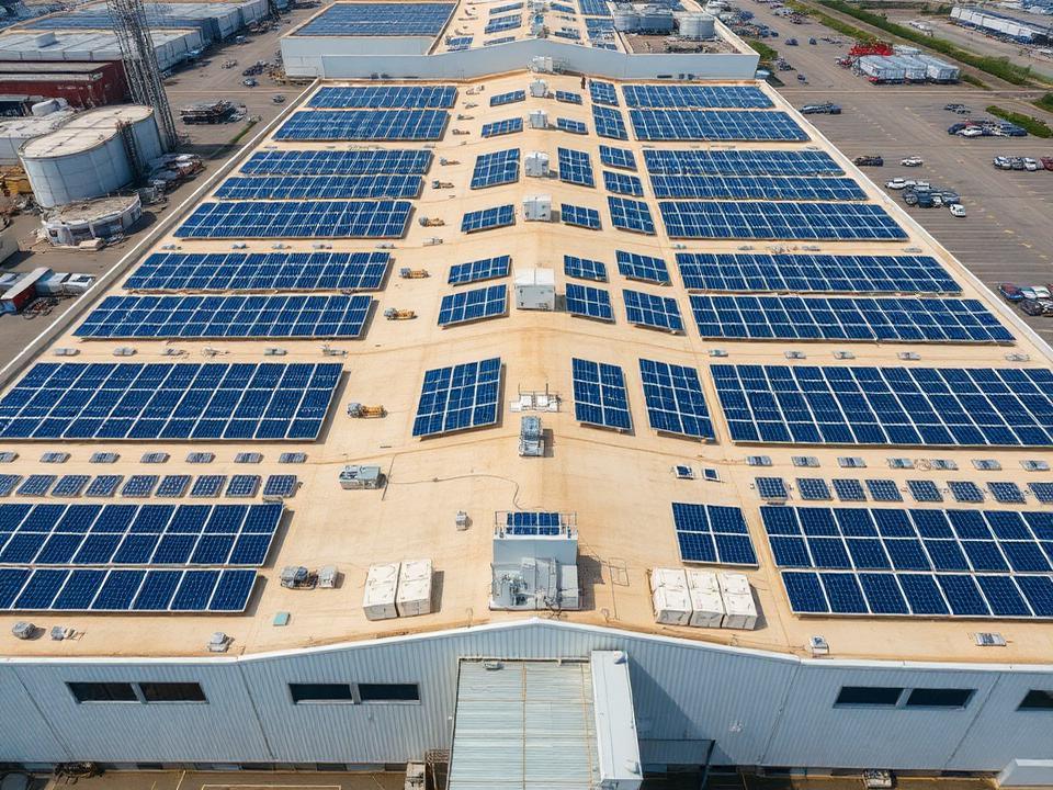 Aerial view of a large commercial rooftop solar plant