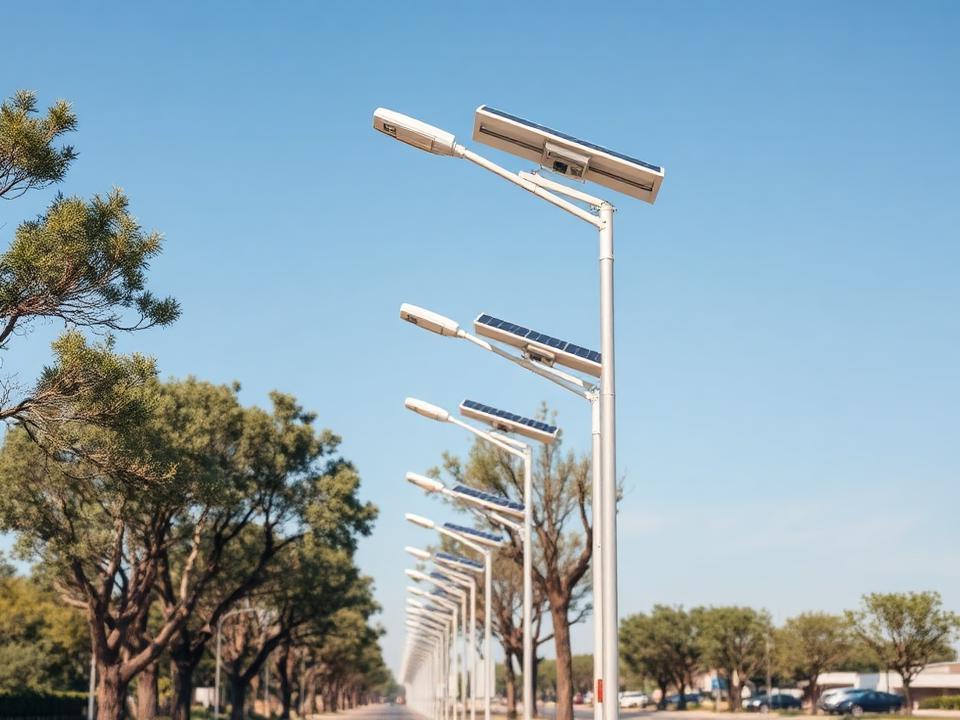 Row of solar powered street light poles along a tree-lined road